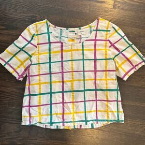 Bobo Choses | Women's Colorful Grid Check 100% Cotton Boxy Short Sleeve Top XS